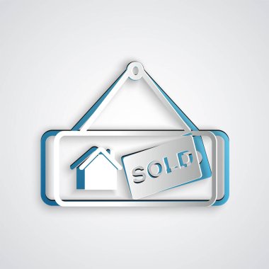 Kağıt kesme işareti ve gri arkaplanda izole edilmiş metin satışı simgesi. Çıkartma satıldı. Tabela satıldı. Kağıt sanatı tarzı. Vektör İllüstrasyonu