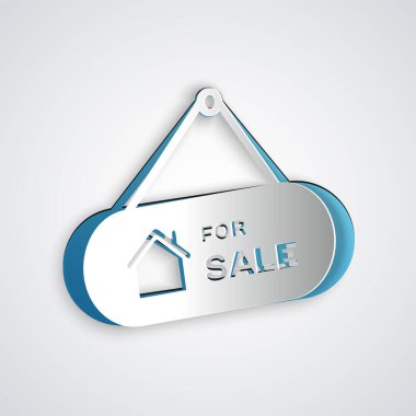 Gri arkaplanda Satılık simgesiyle kağıt kesimi asma işareti. Satılık mesajlı pano. Kağıt sanatı tarzı. Vektör İllüstrasyonu