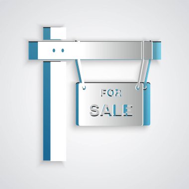 Gri arkaplanda Satılık simgesiyle kağıt kesimi asma işareti. Satılık mesajlı pano. Kağıt sanatı tarzı. Vektör İllüstrasyonu