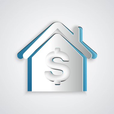 Kağıt kesiği, gri arkaplanda dolar sembolü olan House. Ev ve para. Emlak konsepti. Kağıt sanatı tarzı. Vektör İllüstrasyonu