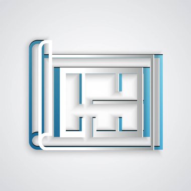 Kağıt kesiği ev planı simgesi gri arkaplanda izole edildi. Kağıt sanatı tarzı. Vektör İllüstrasyonu