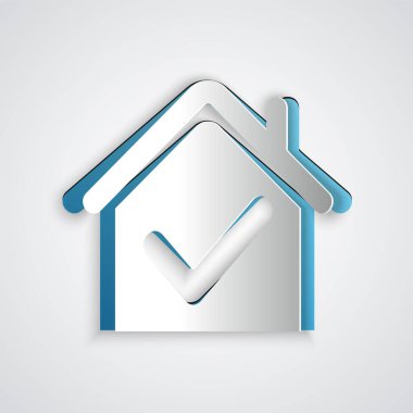 Gri arkaplanda işaretleme simgesi olan kağıt kesiği House. Emlakçı ya da köy elit sınıfı. Kağıt sanatı tarzı. Vektör İllüstrasyonu