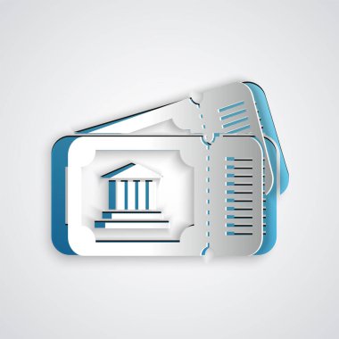 Kağıt kesiği müze bileti simgesi gri arka planda izole edildi. Tarih müzesi bileti etkinliği sergi gezisini kabul ediyor. Kağıt sanatı tarzı. Vektör İllüstrasyonu