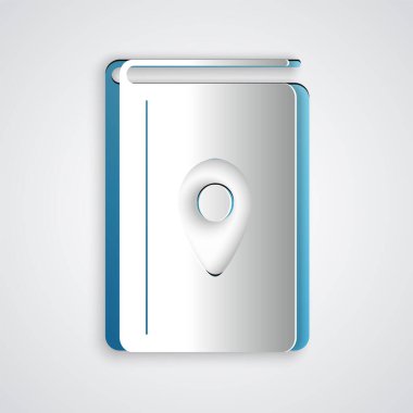 Kağıt kesiği Kapak kitabı seyahat rehberi simgesi gri arkaplanda izole edildi. Kağıt sanatı tarzı. Vektör İllüstrasyonu