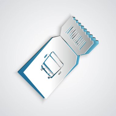 Kağıt kesiği otobüs bileti simgesi gri arka planda izole edildi. Toplu taşıma bileti. Kağıt sanatı tarzı. Vektör İllüstrasyonu