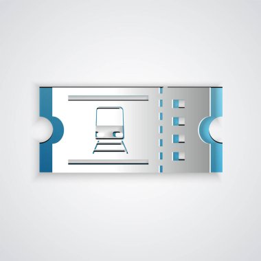 Kağıt kesiği tren bileti simgesi gri arka planda izole edildi. Demiryolu ile seyahat et. Kağıt sanatı tarzı. Vektör İllüstrasyonu