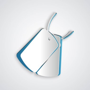 Kağıt kesiği askeri künye simgesi gri arka planda izole edilmiş. Kimlik etiketi simgesi. Ordu işareti. Kağıt sanatı tarzı. Vektör İllüstrasyonu