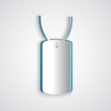 Gri arkaplanda askeri künye simgesi var. Kimlik etiketi simgesi. Ordu işareti. Kağıt sanatı tarzı. Vektör İllüstrasyonu