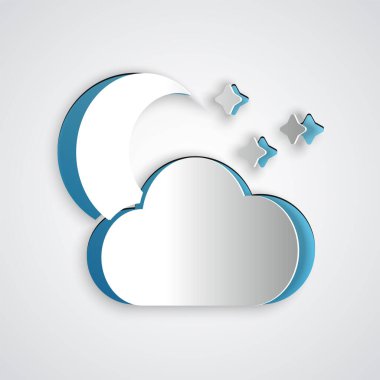 Kağıt, gri arka planda izole edilmiş ay ve yıldız simgesiyle Bulut'u keser. Bulutlu gece işareti. Uyku rüyaları sembolü. Gece ya da yatak saati işareti. Kağıt sanat tarzı. Vektör İllüstrasyonu