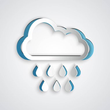 Kağıt kesiği Bulut ve gri arka planda izole yağmur ikonu. Yağmur damlaları ile yağmur bulutu yağışı. Kağıt sanatı tarzı. Vektör İllüstrasyonu