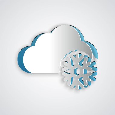 Kağıt, gri arka planda izole edilmiş kar simgesiyle Bulut'u keser. Kar taneli bulut. Tek hava durumu simgesi. Kar işareti. Kağıt sanat tarzı. Vektör İllüstrasyonu