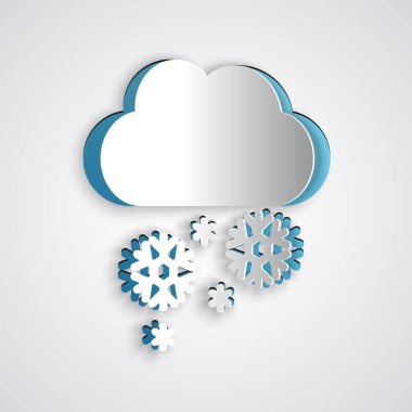 Kağıt, gri arka planda izole edilmiş kar simgesiyle Bulut'u keser. Kar taneli bulut. Tek hava durumu simgesi. Kar işareti. Kağıt sanat tarzı. Vektör İllüstrasyonu