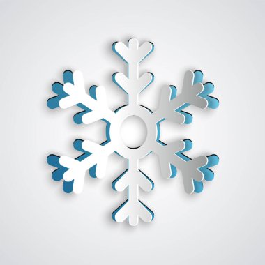 Kağıt kesiği Kar Tanesi simgesi gri arkaplanda izole edildi. Kağıt sanatı tarzı. Vektör İllüstrasyonu