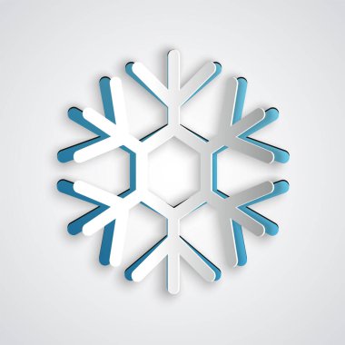 Kağıt kesiği Kar Tanesi simgesi gri arkaplanda izole edildi. Kağıt sanatı tarzı. Vektör İllüstrasyonu