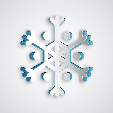 Kağıt kesiği Kar Tanesi simgesi gri arkaplanda izole edildi. Kağıt sanatı tarzı. Vektör İllüstrasyonu