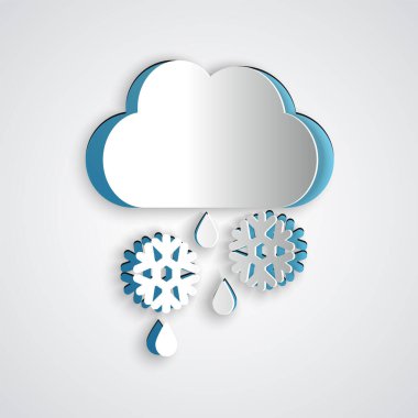 Kağıt Bulut 'u kar, yağmur ve gri arka planda izole edilmiş ay ikonu ile keser. Hava durumu simgesi. Kağıt sanatı tarzı. Vektör İllüstrasyonu