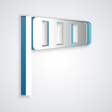 Kağıt, koni meteoroloji rüzgar gülü vane simgesi gri arka planda izole edilmiş. Rüzgâr Sock rüzgarın yönünü ve gücünü gösteriyor. Kağıt sanatı tarzı. Vektör İllüstrasyonu