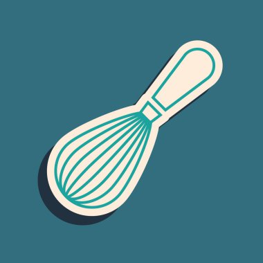 Yeşil Mutfak çırpma simgesi mavi arkaplanda izole edildi. Mutfak aletleri, yumurta çırpıcı. Çatal bıçak seti. Yemek karışımı sembolü. Uzun gölge tarzı. Vektör İllüstrasyonu