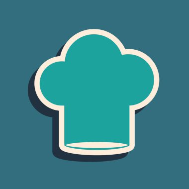 Yeşil Şef şapka simgesi mavi arkaplanda izole edildi. Aşçılık sembolü. Aşçı şapkası. Uzun gölge tarzı. Vektör İllüstrasyonu