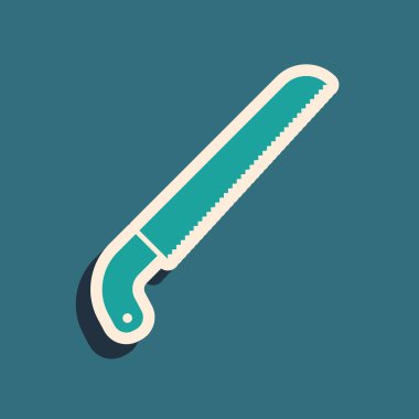 Yeşil Bahçe mavi arkaplanda izole edilmiş bir simge gördü. Uzun gölge tarzı. Vektör İllüstrasyonu