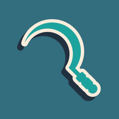 Yeşil Orak simgesi mavi arkaplanda izole edildi. Kanca işaretini topluyorum. Uzun gölge tarzı. Vektör İllüstrasyonu