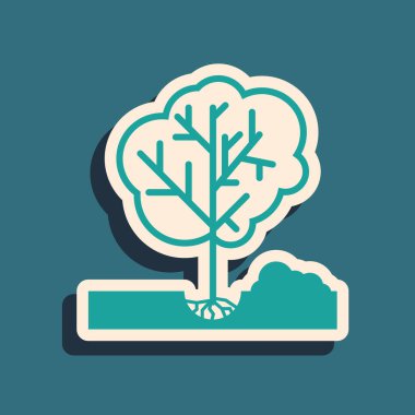 Yerdeki ikona yeşil ağaç dikmek mavi arka planda izole edilmiş. Bahçıvanlık, tarım, çevre bakımı. Uzun gölge tarzı. Vektör İllüstrasyonu