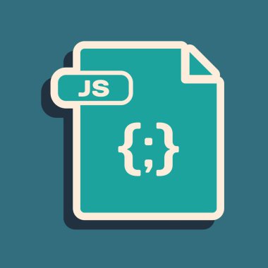 Yeşil Js dosya belgesi. Mavi arka planda yalıtılmış js düğme simgesini indirin. Js dosya sembolü. Uzun gölge stili. Vektör İllüstrasyonu