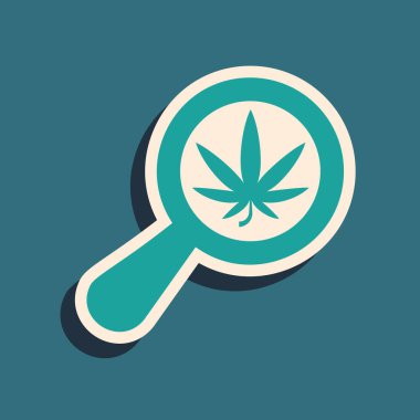 Mavi arka planda yeşil büyüteç ve tıbbi marihuana veya kenevir yaprağı ikonu var. Kenevir sembolü. Uzun gölge tarzı. Vektör İllüstrasyonu
