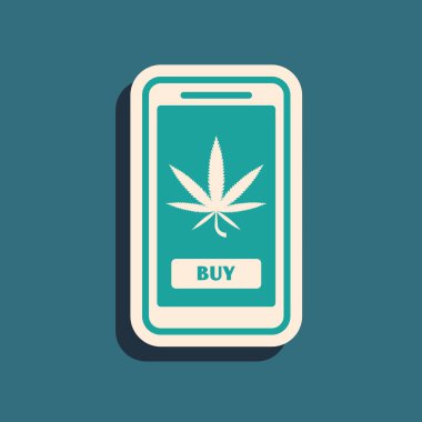 Mavi arka planda yeşil cep telefonu ve tıbbi marihuana veya kenevir yaprağı ikonu var. İnternetten satın alma sembolü. Süpermarket sepeti. Uzun gölge tarzı. Vektör İllüstrasyonu