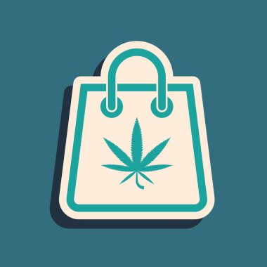 Yeşil Marihuana poşeti ya da mavi arka planda izole edilmiş kenevir yaprağı ikonu. Kenevir almak. Kenevir sembolü. Uzun gölge tarzı. Vektör İllüstrasyonu