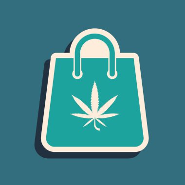 Yeşil Marihuana poşeti ya da mavi arka planda izole edilmiş kenevir yaprağı ikonu. Kenevir almak. Kenevir sembolü. Uzun gölge tarzı. Vektör İllüstrasyonu
