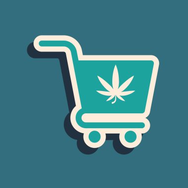 Mavi arka planda marihuana ya da kenevir yaprağı ikonu olan yeşil alışveriş arabası. İnternetten satın alma. Teslimat servisi. Süpermarket sepeti. Uzun gölge tarzı. Vektör İllüstrasyonu