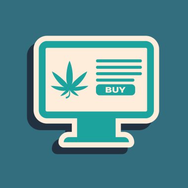 Yeşil Bilgisayar monitörü ve tıbbi marihuana veya kenevir yaprağı ikonu mavi arka planda izole edilmiş. İnternetten satın alma sembolü. Süpermarket sepeti. Uzun gölge tarzı. Vektör İllüstrasyonu