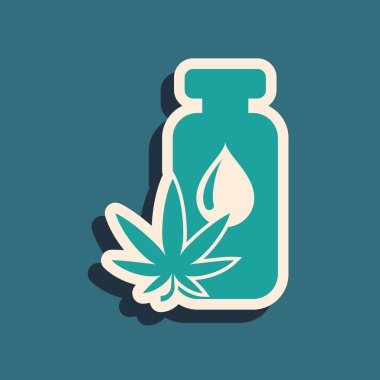 Yeşil Tıbbi marihuana veya kenevir yaprağı zeytinyağı damlası ikonu mavi arka planda izole edilmiş. Esrar özütü. Kenevir sembolü. Uzun gölge tarzı. Vektör İllüstrasyonu