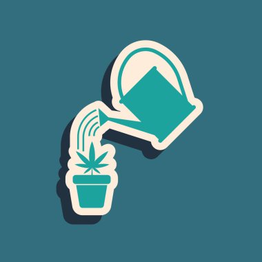 Yeşil sulama, marihuana ya da kenevir bitkisinin üzerine mavi arka planda izole edilmiş saksı ikonu serpiştirebilir. Esrar yetiştirme konsepti. Uzun gölge tarzı. Vektör İllüstrasyonu