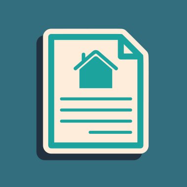 Yeşil Ev 'in sözleşme ikonu mavi arka planda izole edildi. Sözleşme oluşturma hizmeti, belge oluşumu, başvuru formu bileşimi. Uzun gölge tarzı. Vektör İllüstrasyonu