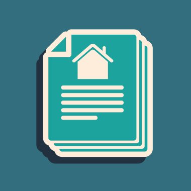 Yeşil Ev 'in sözleşme ikonu mavi arka planda izole edildi. Sözleşme oluşturma hizmeti, belge oluşumu, başvuru formu bileşimi. Uzun gölge tarzı. Vektör İllüstrasyonu