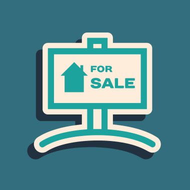 Mavi arka planda satılık simgesiyle yeşil asılma işareti. Satılık mesajlı pano. Uzun gölge tarzı. Vektör İllüstrasyonu