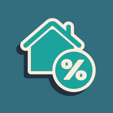 Mavi arka planda özel indirimli etiket simgesine sahip sera evi. Evin yüzdesi tabela fiyatı. Emlak evi. Kredi yüzdesi sembolü. Uzun gölge tarzı. Vektör İllüstrasyonu