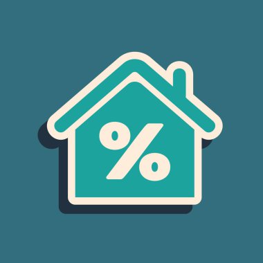 Mavi arka planda özel indirimli etiket simgesine sahip sera evi. Evin yüzdesi tabela fiyatı. Emlak evi. Kredi yüzdesi sembolü. Uzun gölge tarzı. Vektör İllüstrasyonu