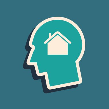 Yeşil Adam mavi arka planda izole edilmiş yeni bir ev ikonu almayı hayal ediyor. Uzun gölge tarzı. Vektör İllüstrasyonu