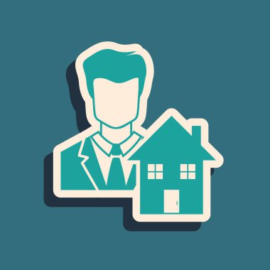 Yeşil emlakçı simgesi mavi arkaplanda izole edildi. Ev almak. Uzun gölge tarzı. Vektör İllüstrasyonu