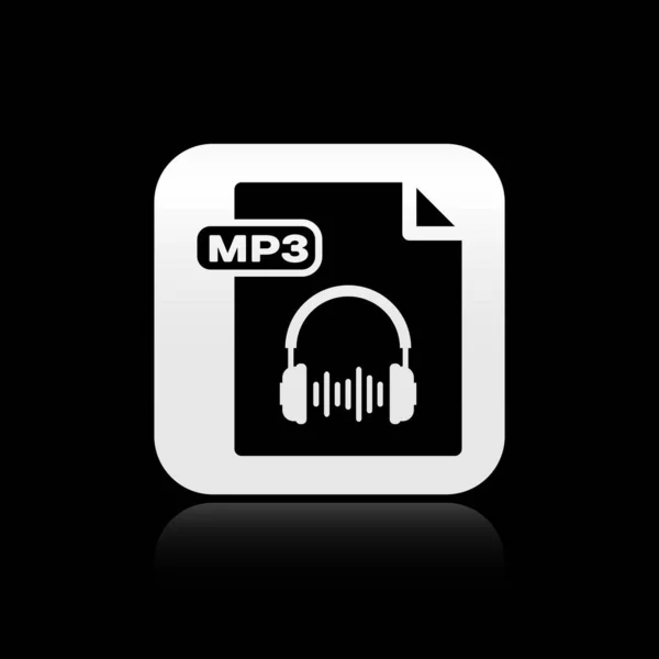 Black MP3 file document. Download mp3 button icon isolated on black background. Mp3 music format sign. MP3 file symbol. Silver square button. Vector Illustration — Stock Vector