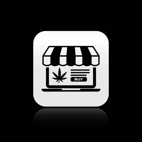 Black Laptop y marihuana medicinal o icono de la hoja de cannabis aislado sobre fondo negro. Símbolo de compra online. Cesta del supermercado. Botón cuadrado plateado. Ilustración vectorial — Archivo Imágenes Vectoriales