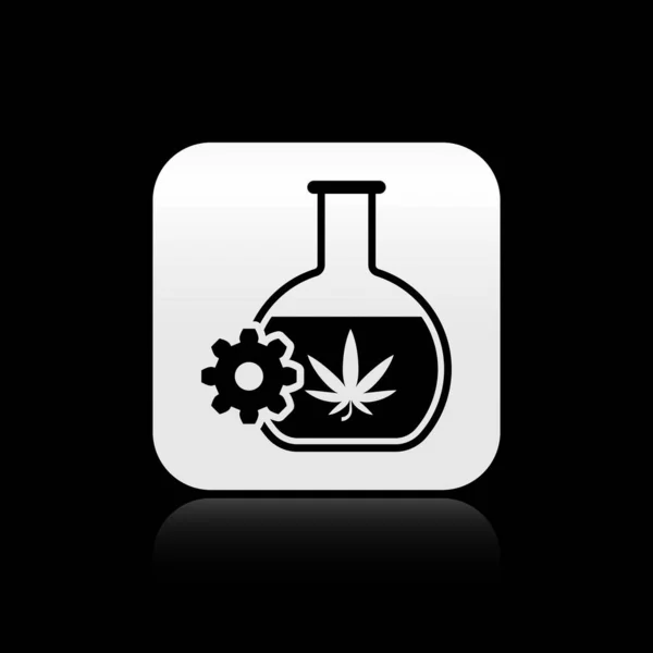 Tubo de ensayo de Black Chemical con marihuana o icono de hoja de cannabis aislado sobre fondo negro. Concepto de investigación. Concepto de aceite de CBD de laboratorio. Botón cuadrado plateado. Ilustración vectorial — Vector de stock