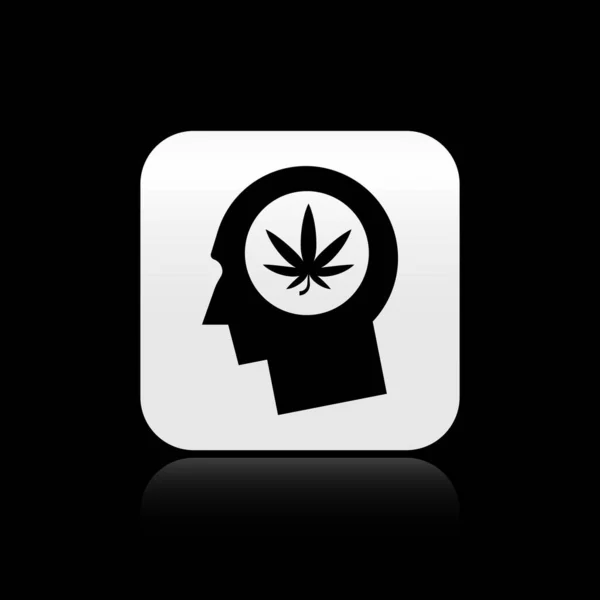男性头部的黑色轮廓，与大麻或大麻叶图标在黑色背景上分离。 大麻合法化。 大麻的符号。 银方按钮。 病媒图解 — 图库矢量图片