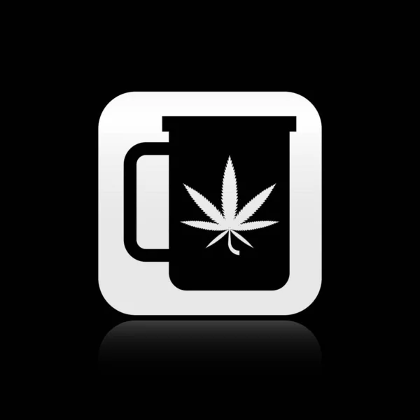 Tè Black Cup con icona di marijuana o foglie di cannabis isolata su sfondo nero. Legalizzazione della marijuana. Simbolo di canapa. Pulsante quadrato argento. Illustrazione vettoriale — Vettoriale Stock