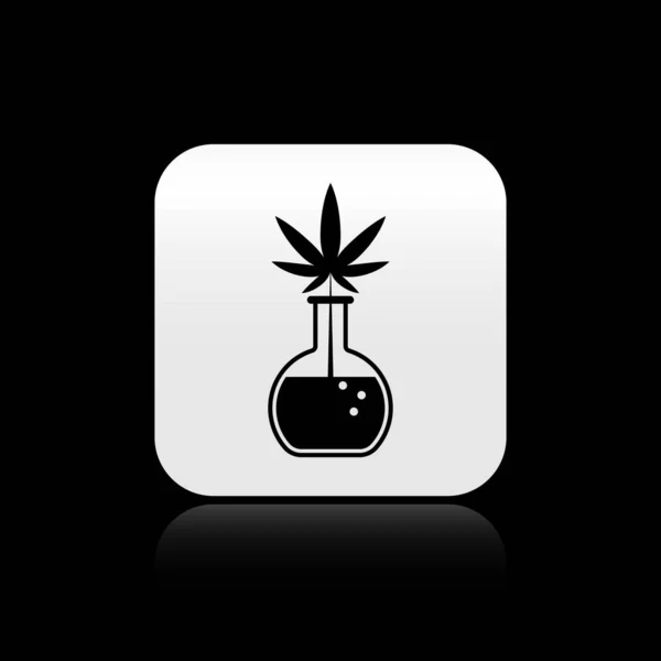 Tubo de ensayo de Black Chemical con marihuana o icono de hoja de cannabis aislado sobre fondo negro. Concepto de investigación. Concepto de aceite de CBD de laboratorio. Botón cuadrado plateado. Ilustración vectorial — Vector de stock