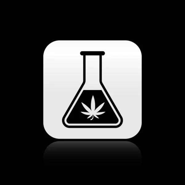 Μαύρο χημικό δοκιμαστικό σωλήνα με μαριχουάνα ή φύλλα κάνναβης απομονωμένο σε μαύρο φόντο. Ερευνητική ιδέα. Laboratory Cbd πετρελαίου έννοια. Ασημένιο τετράγωνο κουμπί. Εικονογράφηση διανύσματος — Διανυσματικό Αρχείο