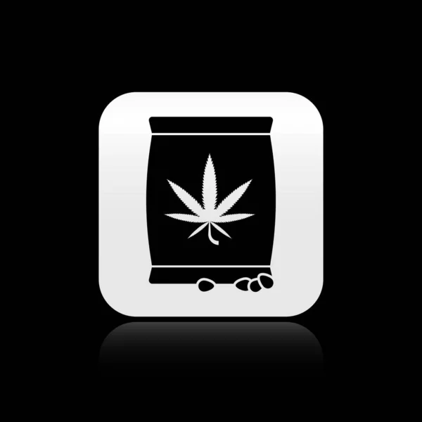 Schwarzes Marihuana oder Cannabissamen in einer Tüte auf schwarzem Hintergrund. Hanf-Symbol. den Prozess des Anbaus von Marihuana. Silberner quadratischer Knopf. Vektorillustration — Stockvektor